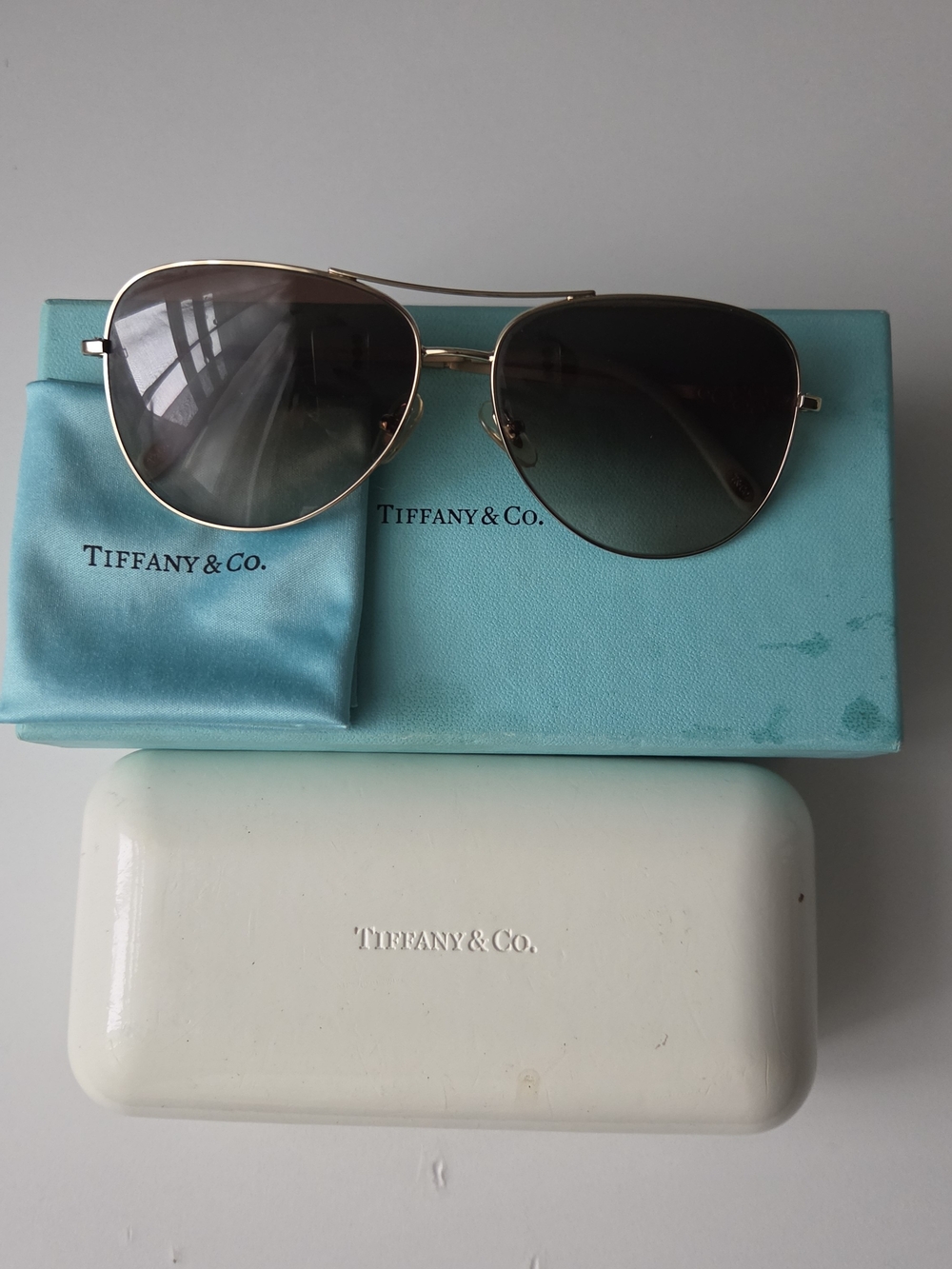 Tiffany & Co. Gold Aviator Sunglasses in Teal Case